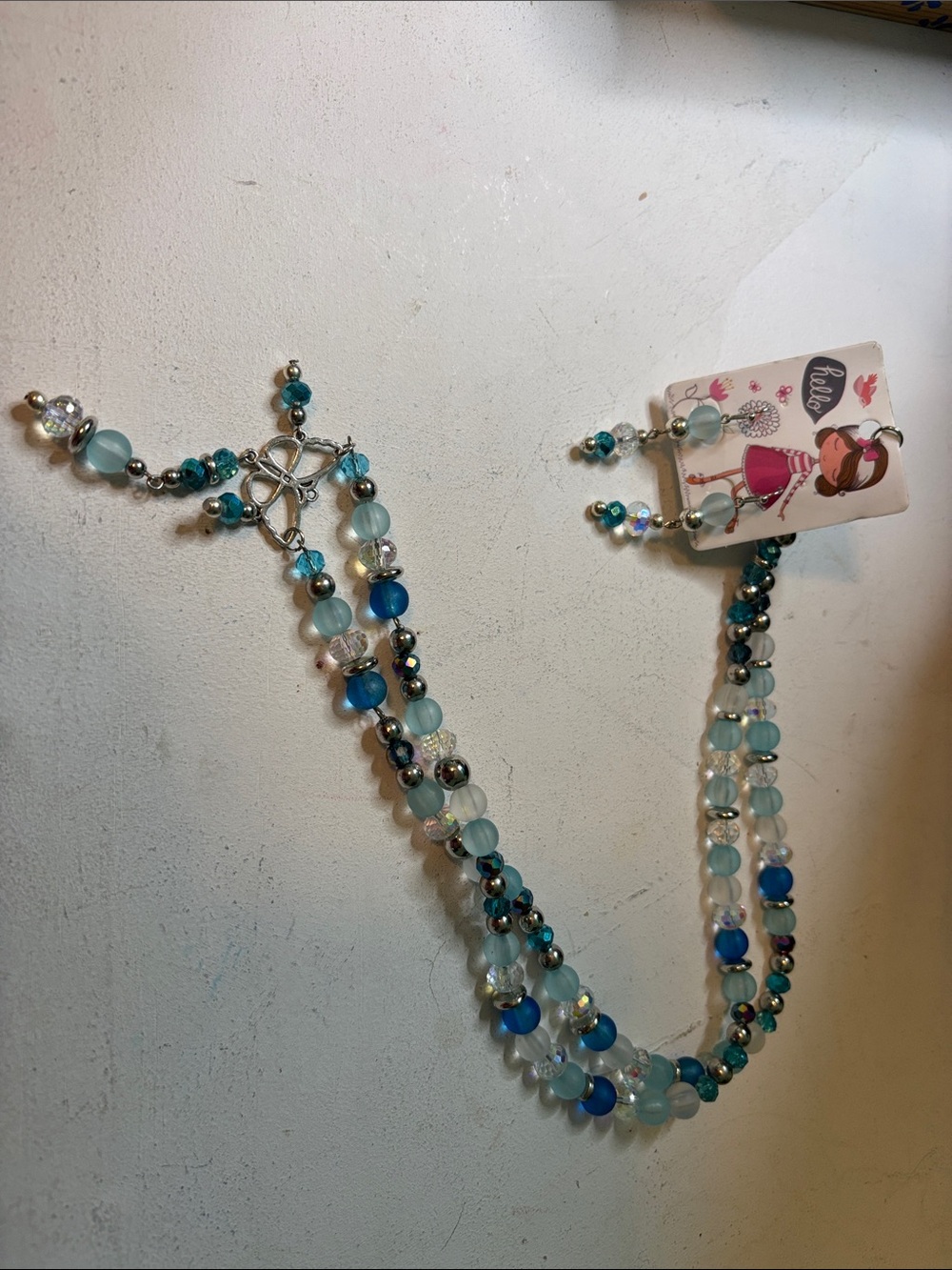 Handmade Blue Butterfly Necklace & Matching Earrings Set 31” Long